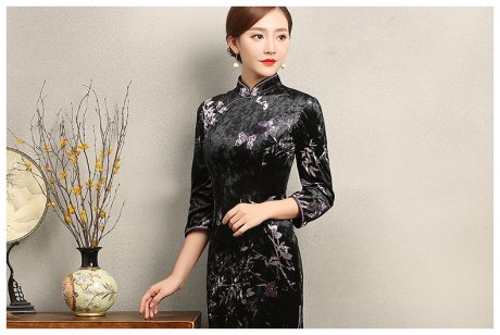 竹蝶黑色旗袍，復(fù)古絲絨印花旗袍裙