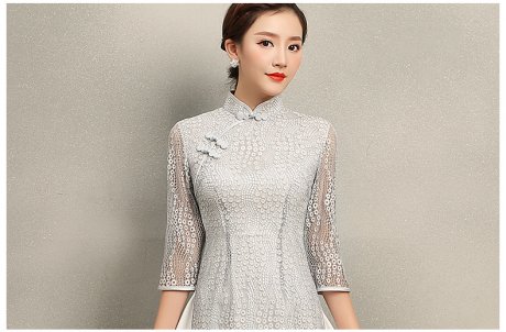 淺灰奧黛風(fēng)旗袍，蕾絲中式旗袍裙