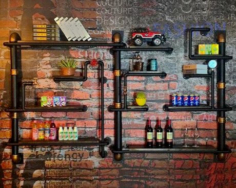 復古鐵藝餐廳客廳背景墻置物架