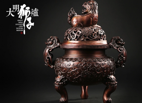 大明獅子紫銅香爐，仿古宣德熏香爐
