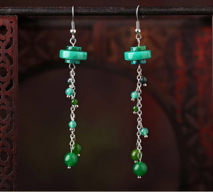 民族風復古氣質首飾綠色流蘇耳環(huán)