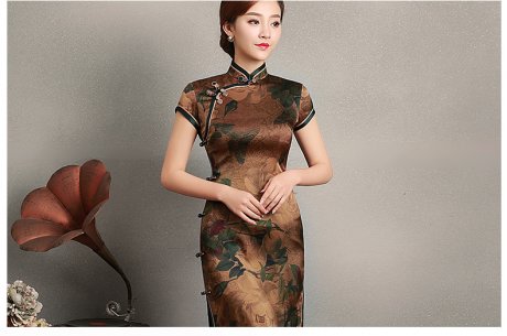 復(fù)古風(fēng)沉今短袖旗袍，蠶絲印花旗袍裙